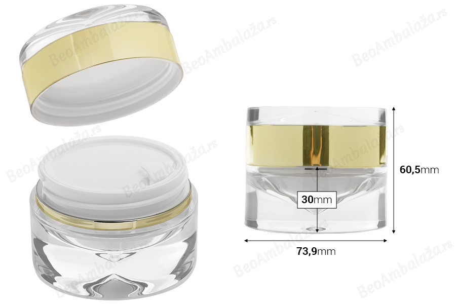 Luksuzna providno-zlatna akrilna teglica 50 mL sa duplim dnom za kremu, sa akrilnim zatvaračem i plastičnim međupoklopcem-dimenzije_slike