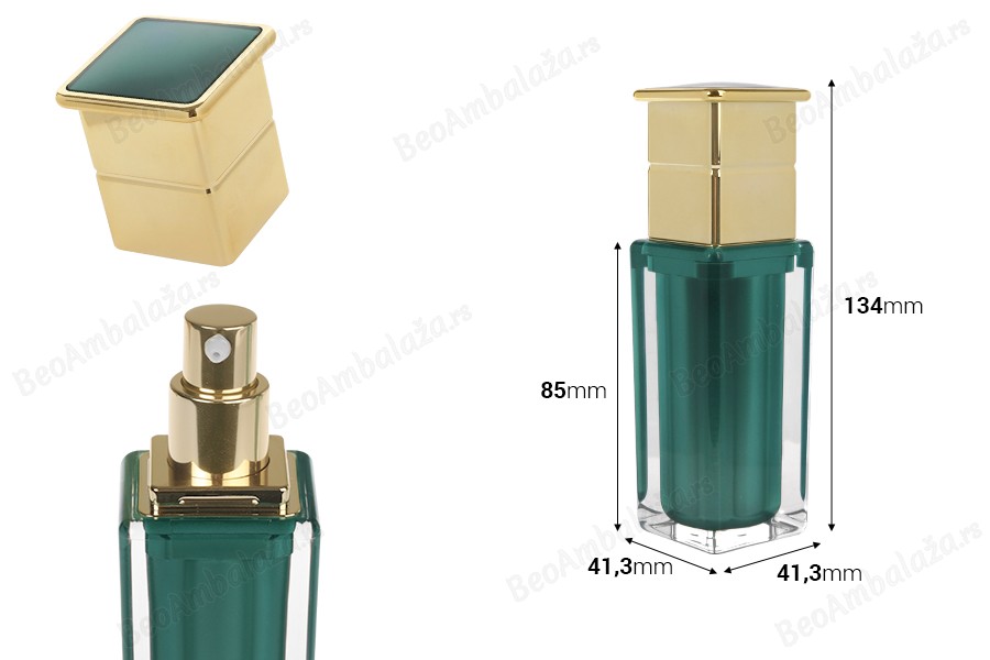 Luksuzna akrilna bočica 30 mL u smaragdnoj boji sa pumpicom za kreme i zatvaračem-dimenzije_slike
