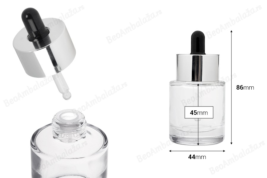 Providna staklena bočica od 30 mL sa pipetom i drenažnim elementom-dimenzije_slike