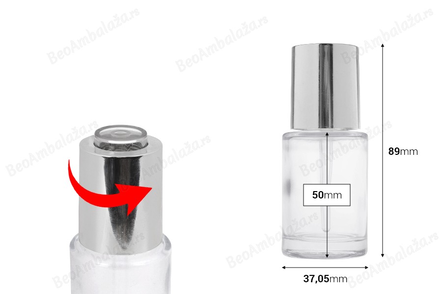 Providna staklena bočica od 30 mL sa srebrnom pipetom sa dugmetom i drenažnim elementom-dimenzije_slike
