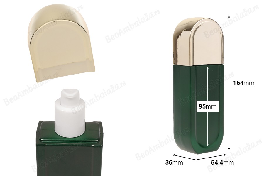 Staklena bočica od 100 mL u mat zelenoj boji sa belom pumpicom i zlatnim zatvaračem-dimenzije_slike
