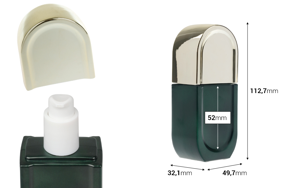 Staklena bočica od 40 mL u mat zelenoj boji sa belom pumpicom i zlatnim zatvaračem-dimenzije_slike