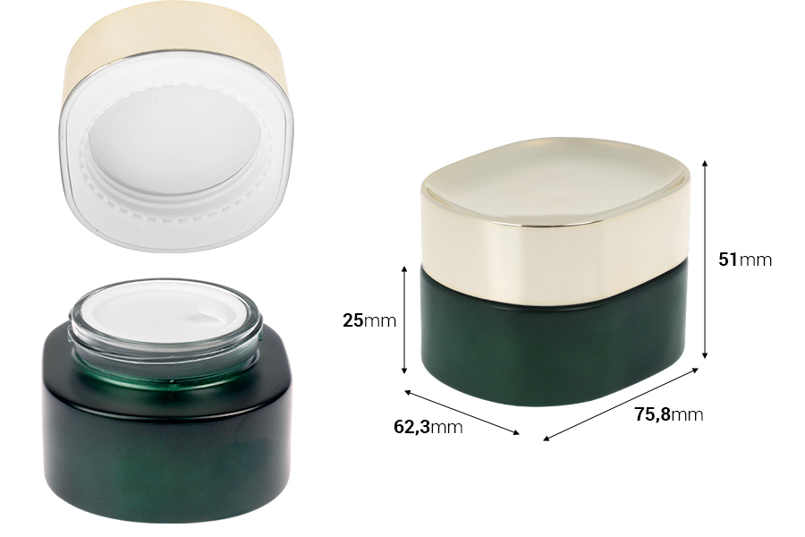 Staklena teglica od 50 mL u mat zelenoj boji sa zlatnim zatvaračem (sa unutrašnjom zaptivkom) i plastičnim međupoklopcem-dimenzije_slike