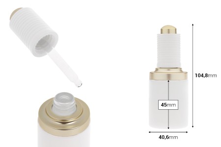 Staklena bočica od 30 mL u beloj boji sa zlatno - belom pipetom na dugme i drenažnim elementom-dimenzije_slike