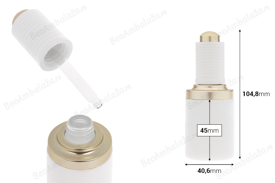 Staklena bočica od 30 mL u beloj boji sa zlatno - belom pipetom na dugme i drenažnim elementom-dimenzije_slike