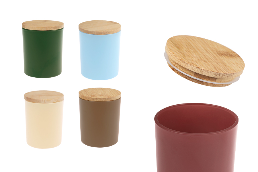 Staklena teglica od 300 mL sa bambus poklopcem sa gumom u raznim mat bojama-slika_proizvoda