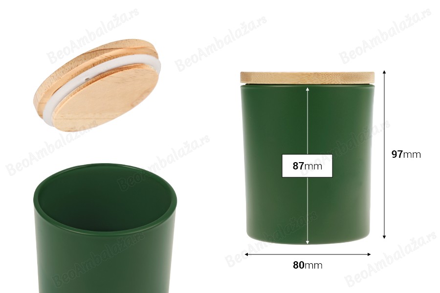 Staklena teglica od 300 mL sa bambus poklopcem sa gumom u raznim mat bojama-dimenzije_slike