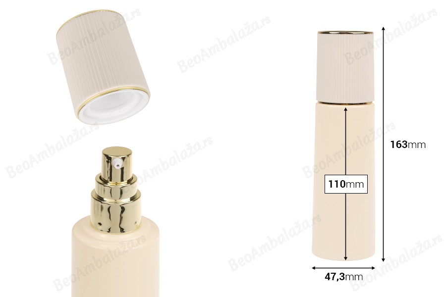 Luksuzna staklena bočica bež mat boje 100mL sa zlatnom pumpicom za kreme i zatvaračem-dimenzije_slike