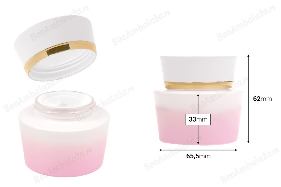 Luksuzna staklena teglica 50mL ljubičasto bele boje za kreme sa akrilnim zatvaračem i plastičnim međupoklopcem-dimenzije_slike