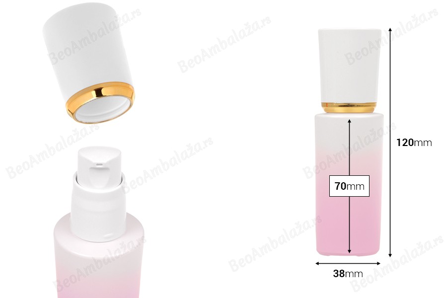Luksuzna staklena bočica 30mL ljubičasto bele boje sa pumpicom za kreme i akrilnim zatvaračem-dimenzije_slike