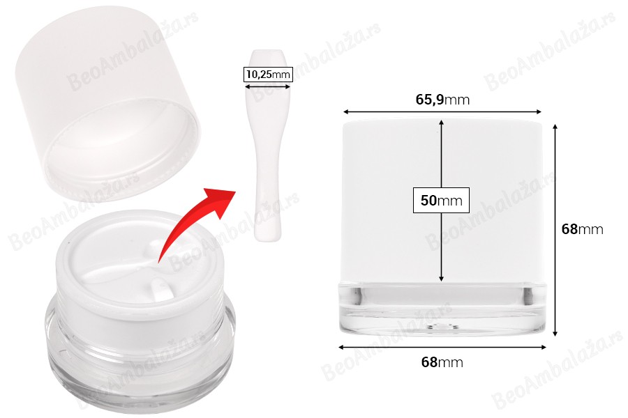 Akrilna kutijica 50mL za kremu sa plastičnim belim zatvaračem, međupoklopcem i spatulom-dimenzije_slike