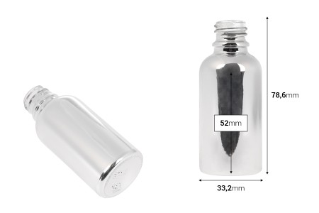 Staklena bočica za etarska ulja 30 mL sa PP18 grlom, u zlatnoj ili srebrnoj boji-dimenzije_slike