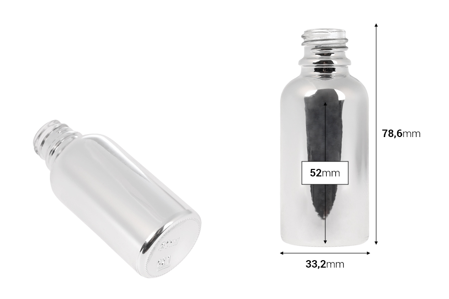 Staklena bočica za etarska ulja 30 mL sa PP18 grlom, u zlatnoj ili srebrnoj boji-dimenzije_slike