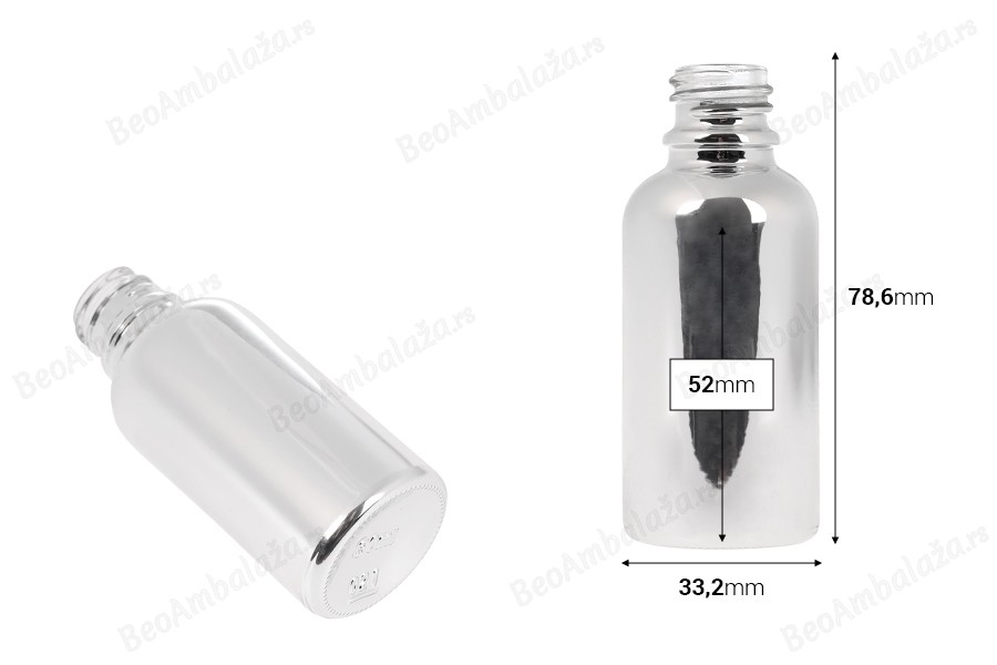 Staklena bočica za etarska ulja 30 mL sa PP18 grlom, u zlatnoj ili srebrnoj boji-dimenzije_slike