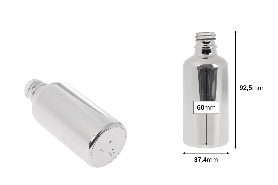 Staklena bočica za etarska ulja 50 mL sa PP18 grlom, u zlatnoj ili srebrnoj boji-dimenzije_slike