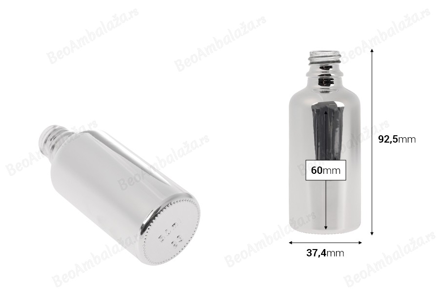 Staklena bočica za etarska ulja 50 mL sa PP18 grlom, u zlatnoj ili srebrnoj boji-dimenzije_slike