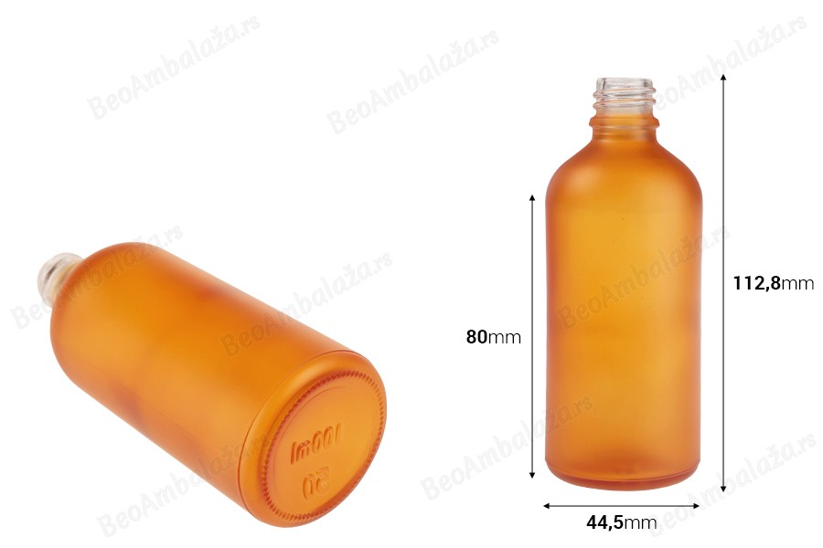 Staklena bočica od peskiranog stakla u više boja za etarska ulja 100mL, sa grlom PP18-dimenzije_slike