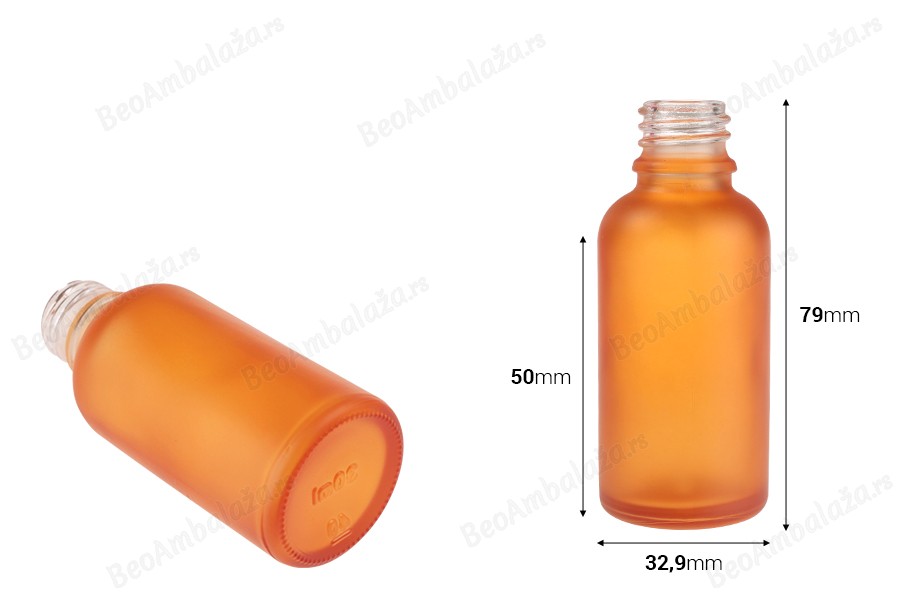 Staklena bočica od peskiranog stakla u više boja za etarska ulja 30mL, sa grlom PP18-dimenzije_slike