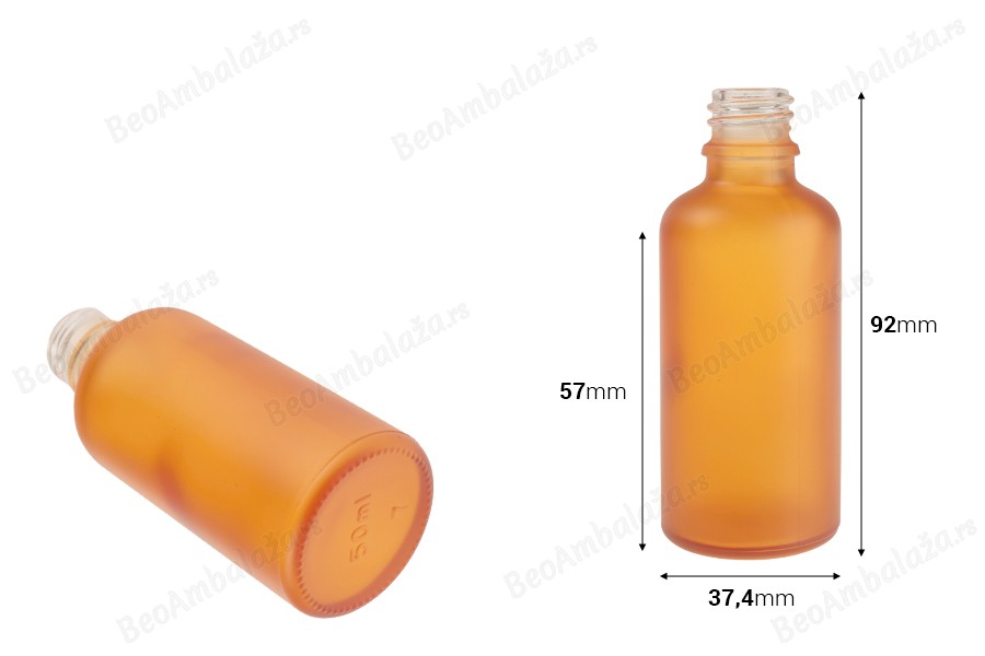 Staklena bočica od peskiranog stakla u više boja za etarska ulja 50mL, sa grlom PP18-dimenzije_slike