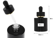 Mat crna staklena bočica od 30 mL sa mat crnom pipetom sa zlatnom linijom i drenažnim elementom-dimenzije_slike