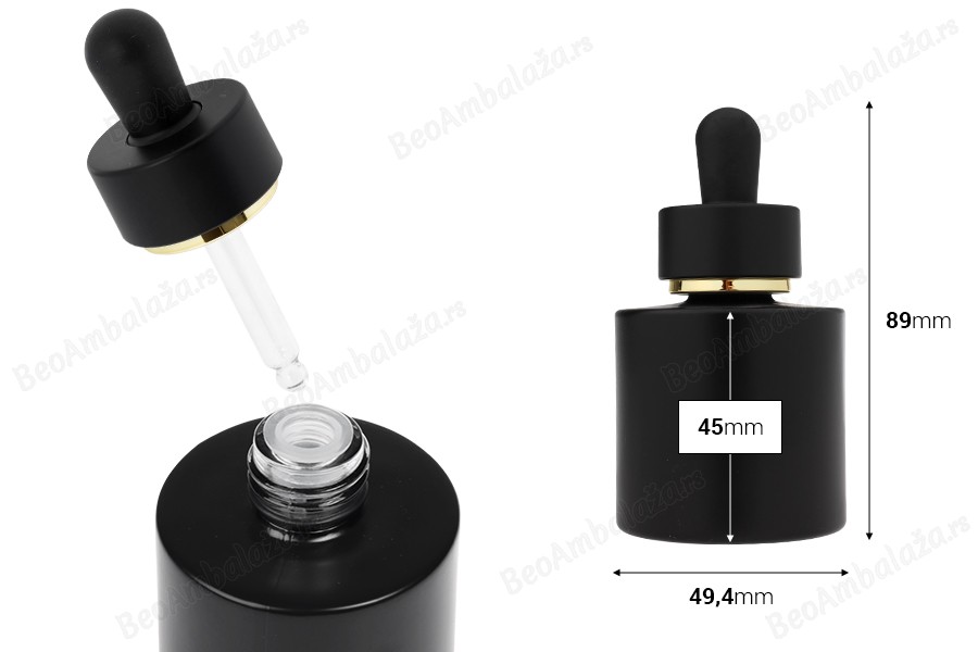 Mat crna staklena bočica od 30 mL sa mat crnom pipetom sa zlatnom linijom i drenažnim elementom-dimenzije_slike