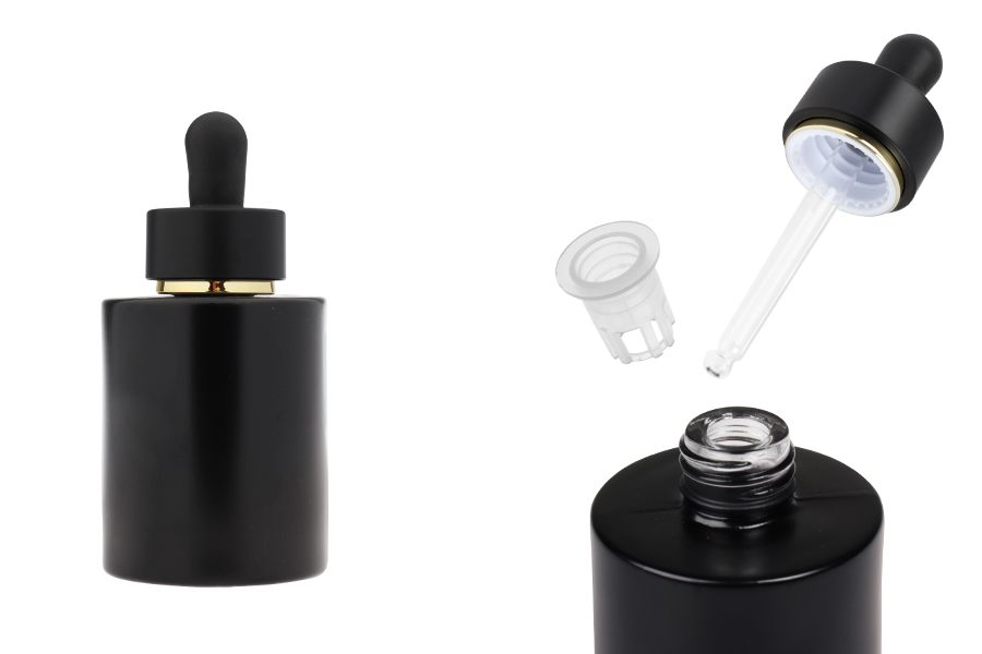 Mat crna staklena bočica od 50 mL sa mat crnom pipetom sa zlatnom linijom i drenažnim elementom-slika_proizvoda