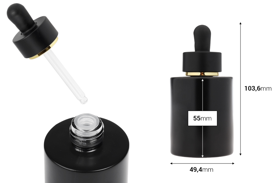 Mat crna staklena bočica od 50 mL sa mat crnom pipetom sa zlatnom linijom i drenažnim elementom-dimenzije_slike