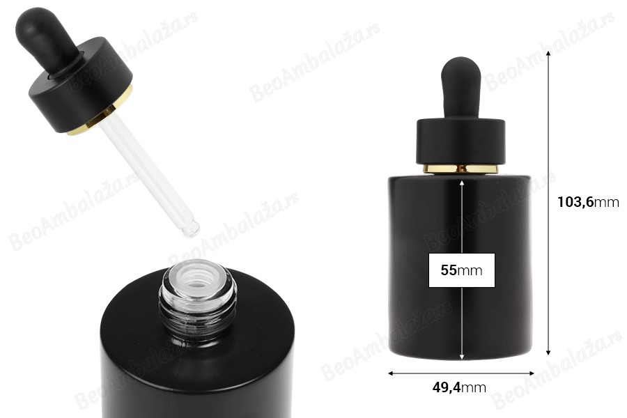 Mat crna staklena bočica od 50 mL sa mat crnom pipetom sa zlatnom linijom i drenažnim elementom-dimenzije_slike