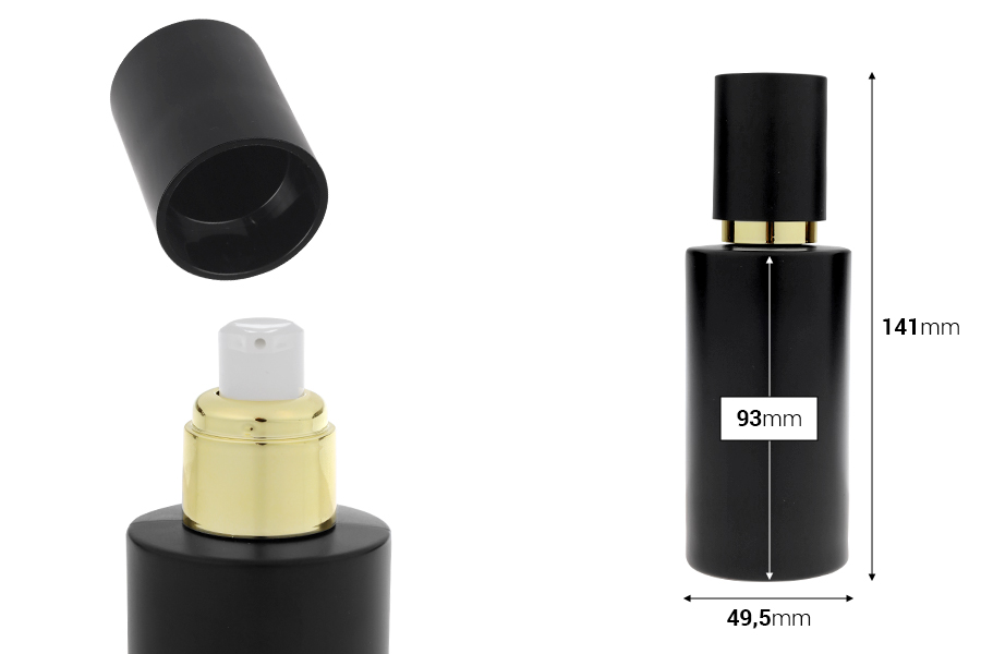 Mat crna staklena bočica od 100 mL sa zlatnom pumpicom za kreme i mat crnim poklopcem-dimenzije_slike