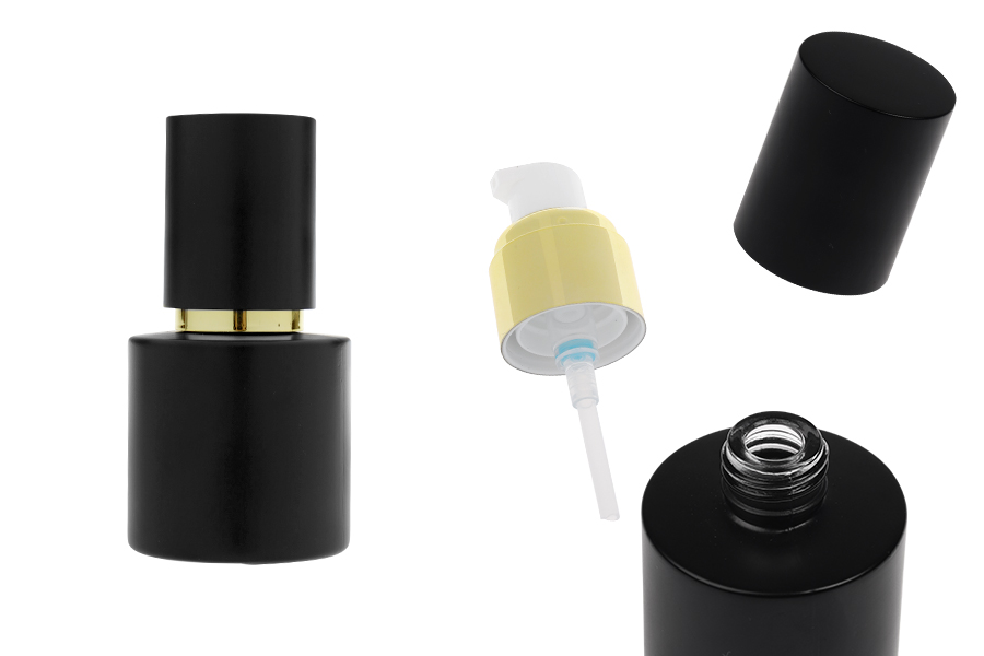 Mat crna staklena bočica od 30 mL sa zlatnom pumpicom za kreme i mat crnim poklopcem-slika_proizvoda