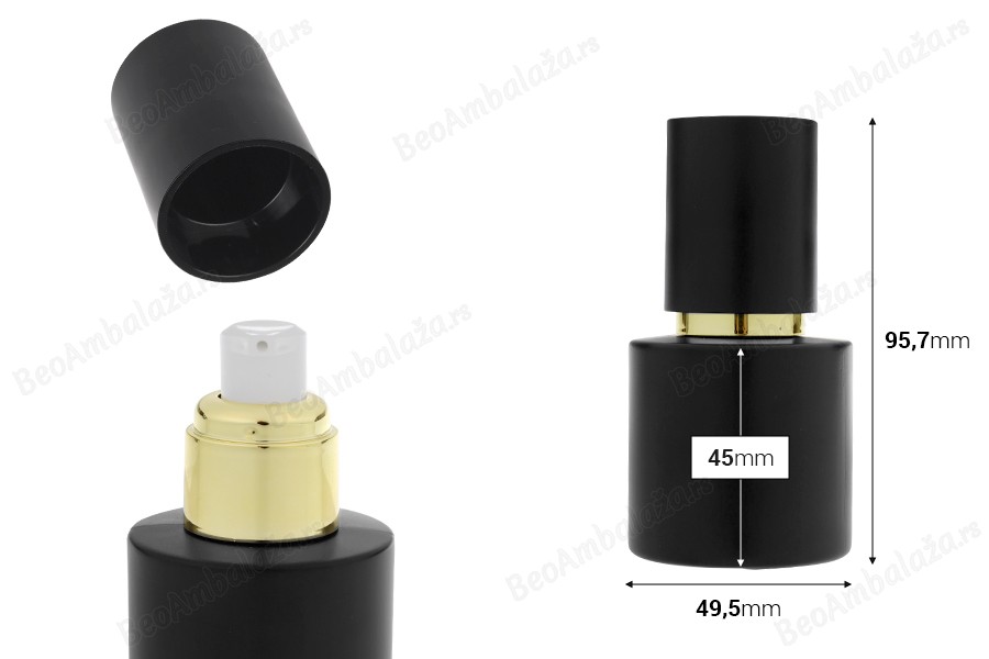 Mat crna staklena bočica od 30 mL sa zlatnom pumpicom za kreme i mat crnim poklopcem-dimenzije_slike