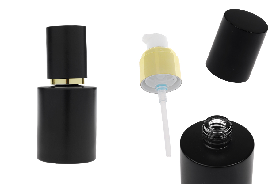 Mat crna staklena bočica od 50 mL sa zlatnom pumpicom za kreme i mat crnim poklopcem-slika_proizvoda