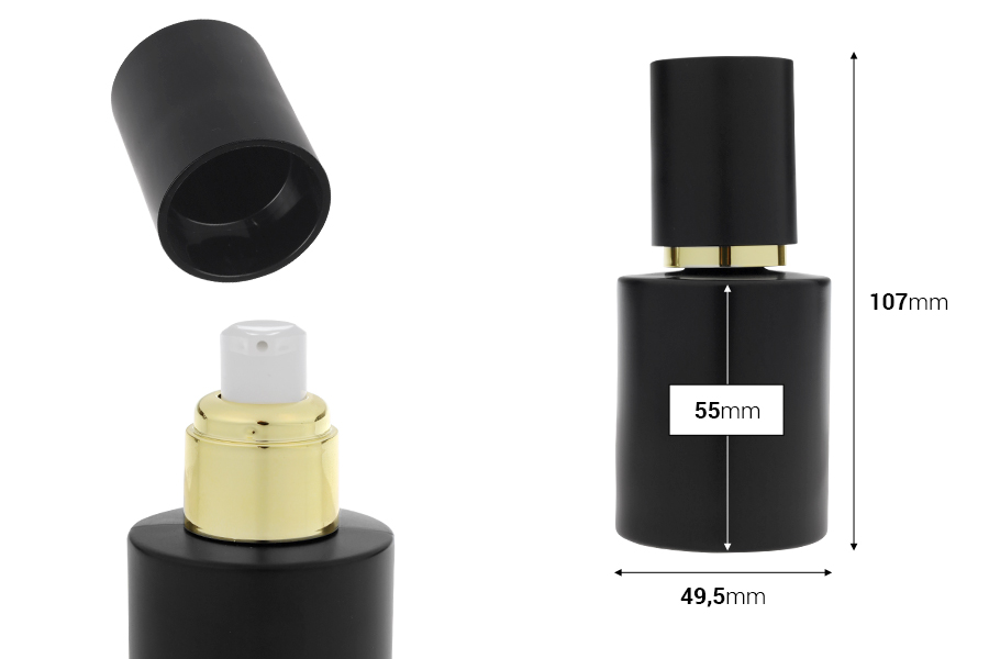 Mat crna staklena bočica od 50 mL sa zlatnom pumpicom za kreme i mat crnim poklopcem-dimenzije_slike