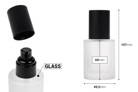 Bočica od peskiranog stakla od 50 mL sa crnom pumpicom za kreme i crnim mat poklopcem-dimenzije_slike