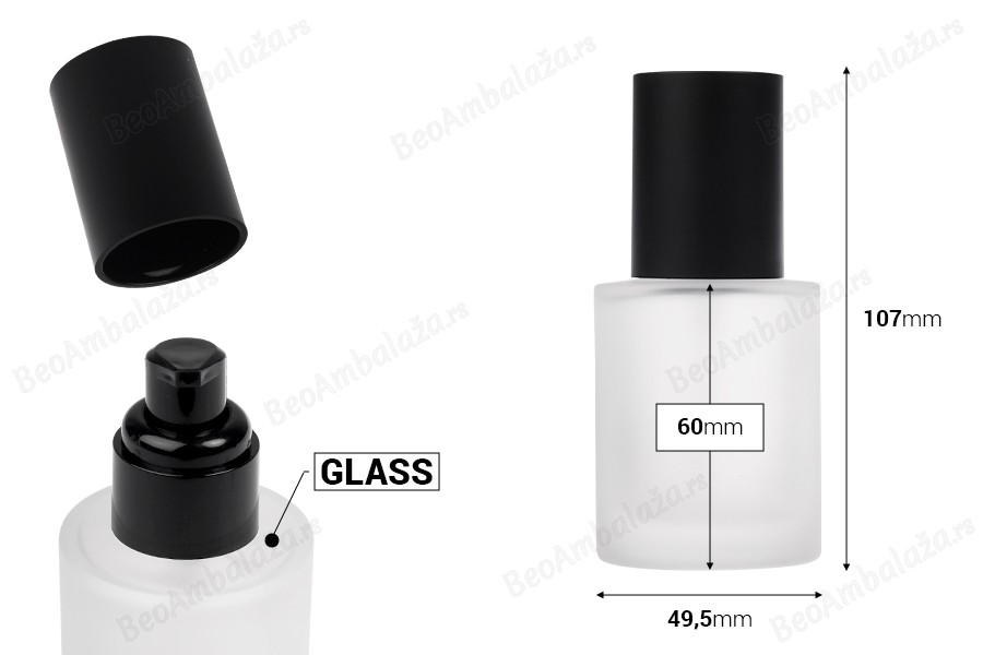 Bočica od peskiranog stakla od 50 mL sa crnom pumpicom za kreme i crnim mat poklopcem-dimenzije_slike