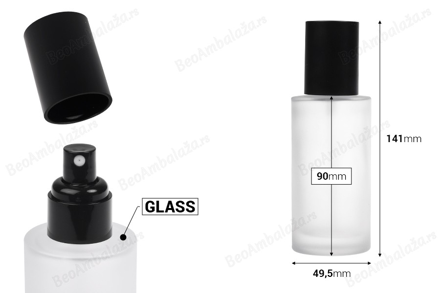 Peskirana staklena bočica od 100mL sa crnim sprejom i crnim mat zatvaračem-dimenzije_slike