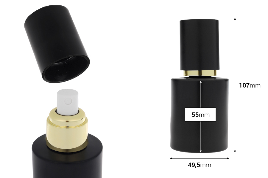 Mat crna staklena bočica od 50 mL sa zlatnim sprejom i mat crnim zatvaračem-dimenzije_slike