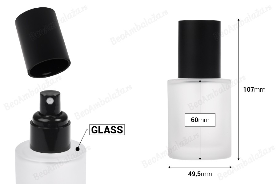 Peskirana staklena bočica od 50mL sa crnim sprejom i crnim mat zatvaračem-dimenzije_slike