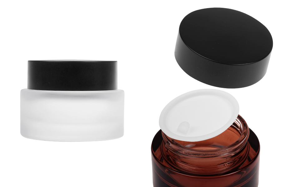 Staklena teglica od 50 mL sa crnim mat zatvaračem (sa unutrašnjom zaptivkom) i plastičnim međupoklopcem-slika_proizvoda