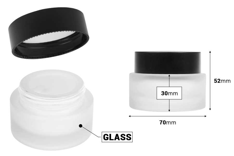 Staklena teglica od 50 mL sa crnim mat zatvaračem (sa unutrašnjom zaptivkom) i plastičnim međupoklopcem-dimenzije_slike