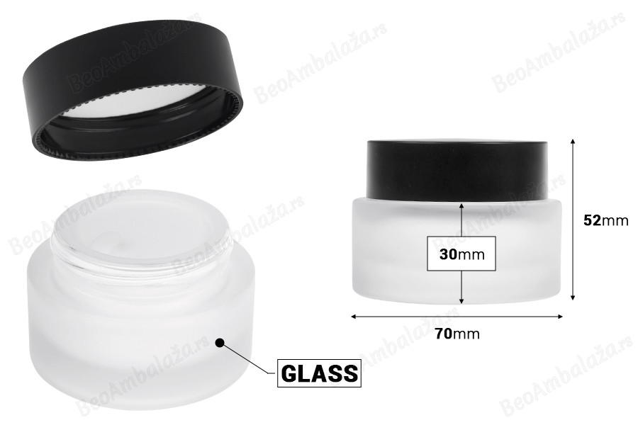 Staklena teglica od 50 mL sa crnim mat zatvaračem (sa unutrašnjom zaptivkom) i plastičnim međupoklopcem-dimenzije_slike