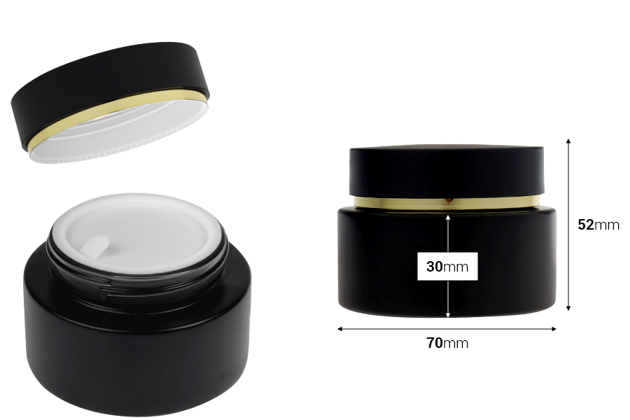 Staklena crna mat teglica od 50 mL sa crnim mat zatvaračem (sa unutrašnjom zaptivkom) i plastičnim međupoklopcem-dimenzije_slike