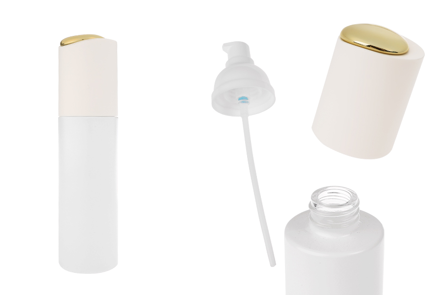 Luksuzna bočica 100mL u mat beloj boji sa pumpicom za kreme i poklopcem sa zlatnim detaljem-slika_proizvoda