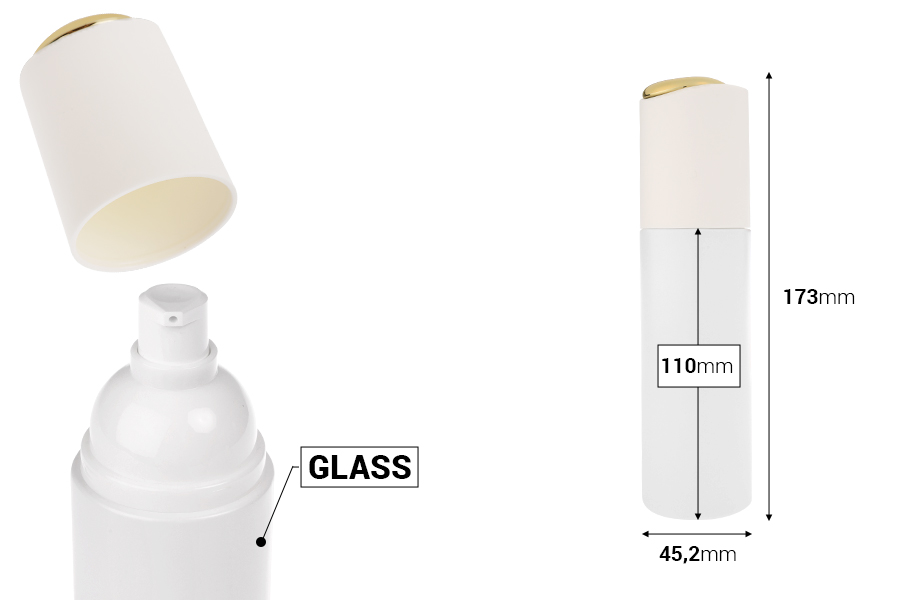 Luksuzna bočica 100mL u mat beloj boji sa pumpicom za kreme i poklopcem sa zlatnim detaljem-dimenzije_slike