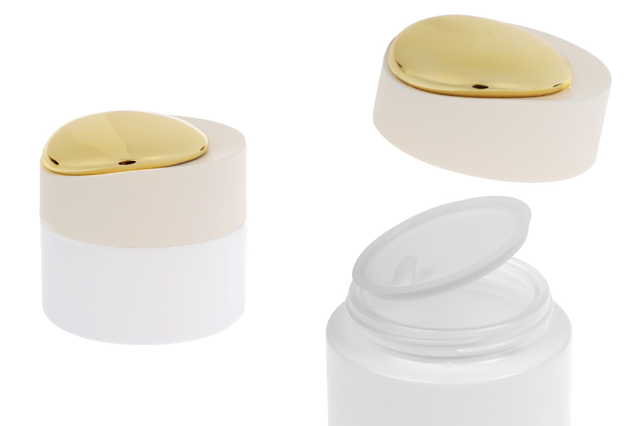 Luksuzna teglica 50 mL u mat beloj boji sa zatvaračem sa zlatnim detaljima (sa unutrašnjom zaptivkom) i plastičnim međupoklopcem-slika_proizvoda