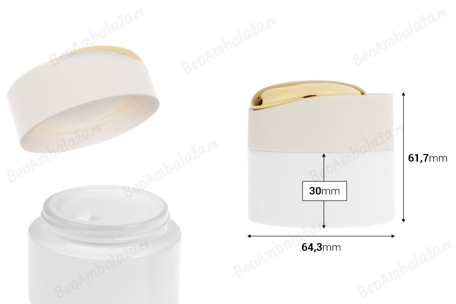 Luksuzna teglica 50 mL u mat beloj boji sa zatvaračem sa zlatnim detaljima (sa unutrašnjom zaptivkom) i plastičnim međupoklopcem-dimenzije_slike