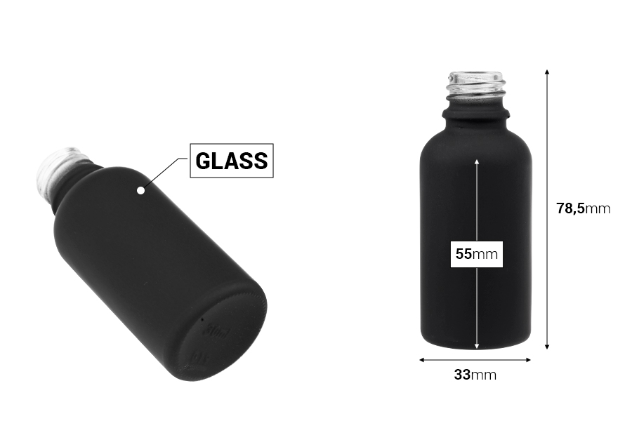 Staklena bočica od 30 mL za etarska ulja sa PP18 grlom u različitim bojama, gumirana-dimenzije_slike