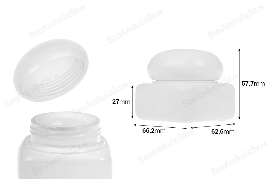 Staklena bela teglica 50mL sa zatvaračem (sa unutrašnjom zaptivkom) i plastičnim međupoklopcem-dimenzije_slike