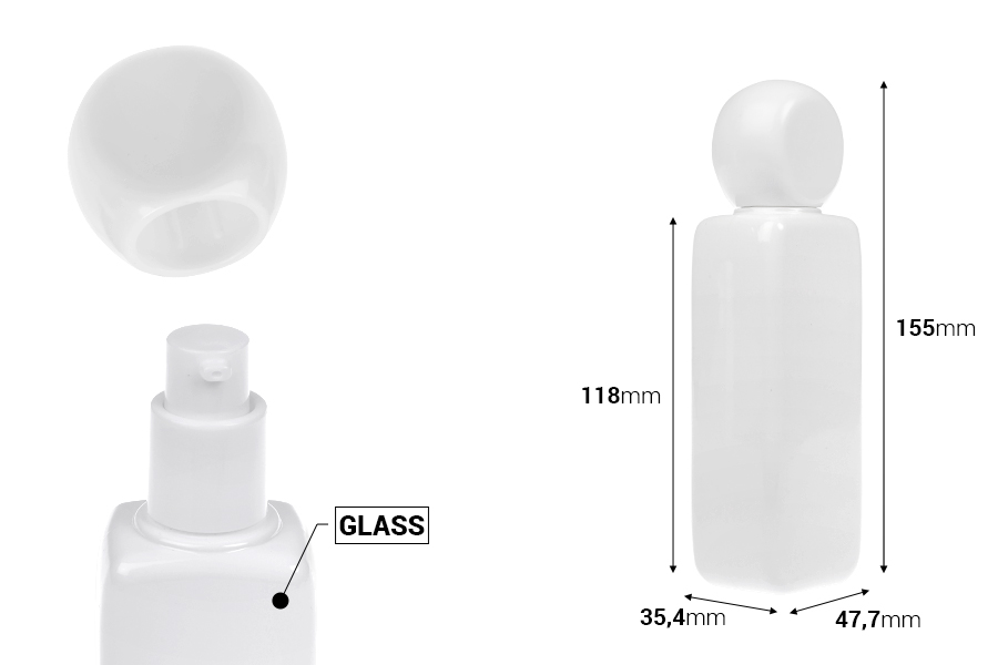 Staklena bela flašica 100mL sa pumpicom za kreme i poklopcem-dimenzije_slike