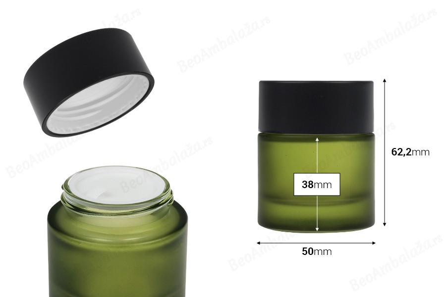 Staklena teglica 30 mL u mat zelenoj boji sa crnim zatvaračem (sa unutrašnjom zaptivkom) i plastičnim međupoklopcem-dimenzije_slike